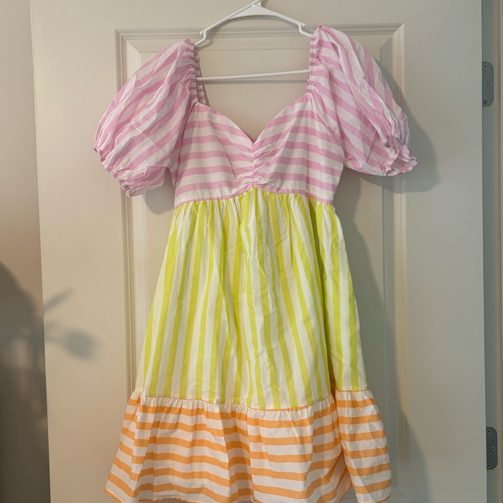 Striped Puff-Sleeve Boutique Dress in Pink, Yellow & Orange